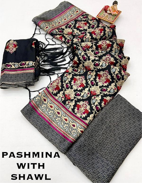 Black Red Floral Pashmina Saree with Shawl Set