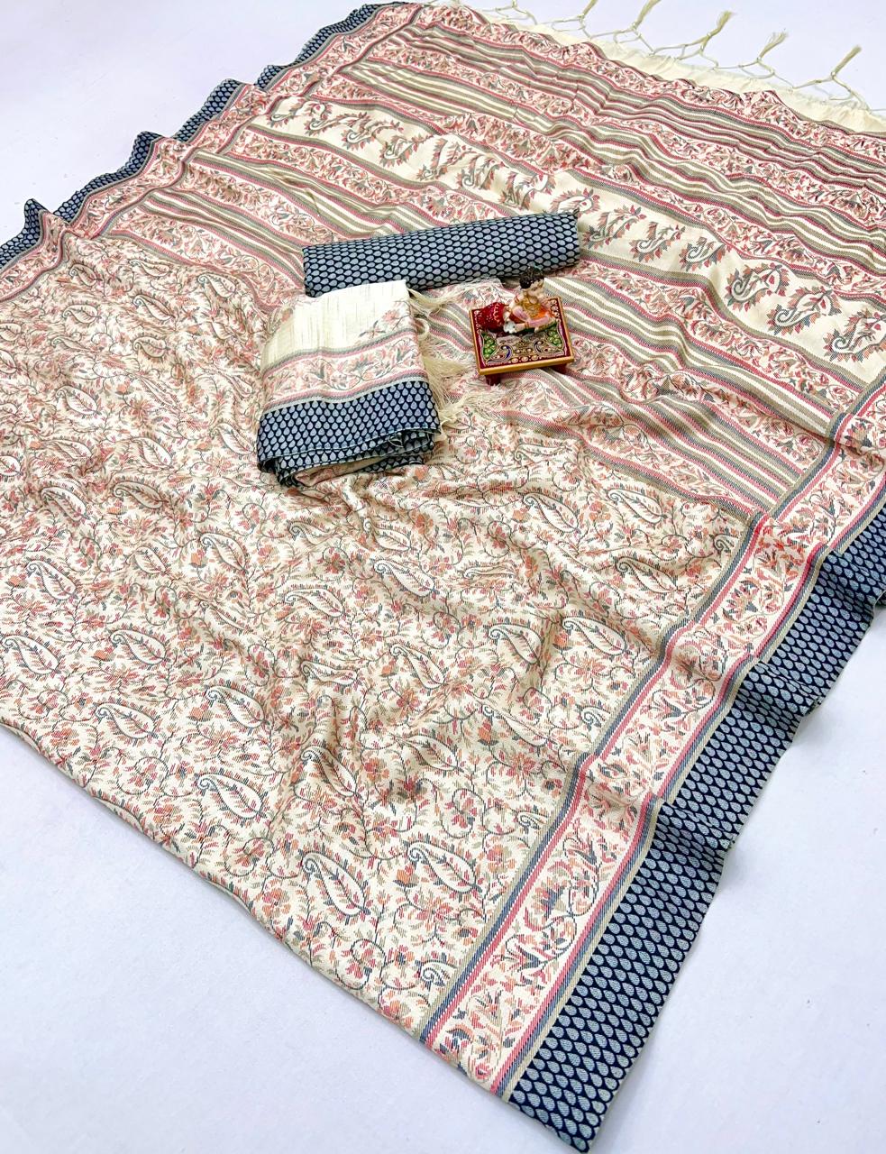 Designer Cream Pastel Saree with Shawl & Blouse