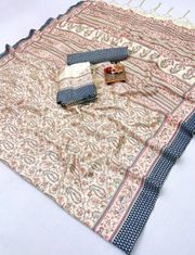 Designer Cream Pastel Saree with Shawl & Blouse - Cream