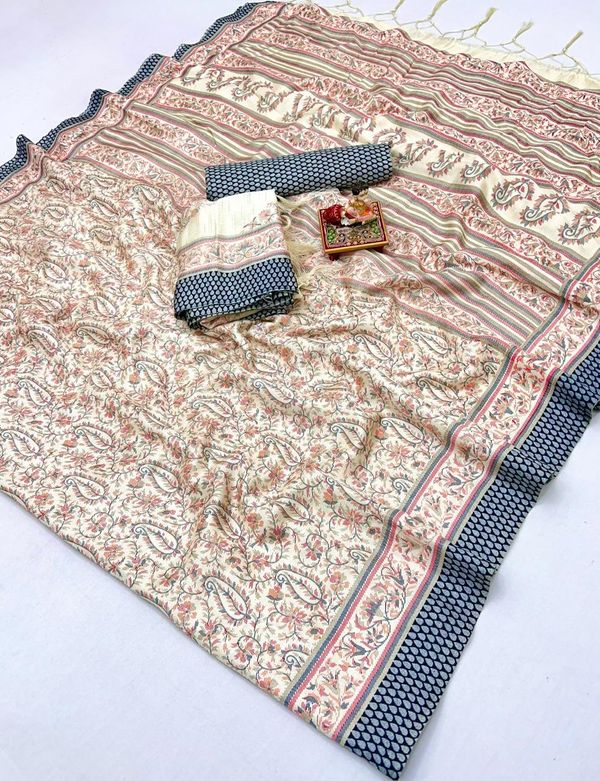 Designer Cream Pastel Saree with Shawl & Blouse