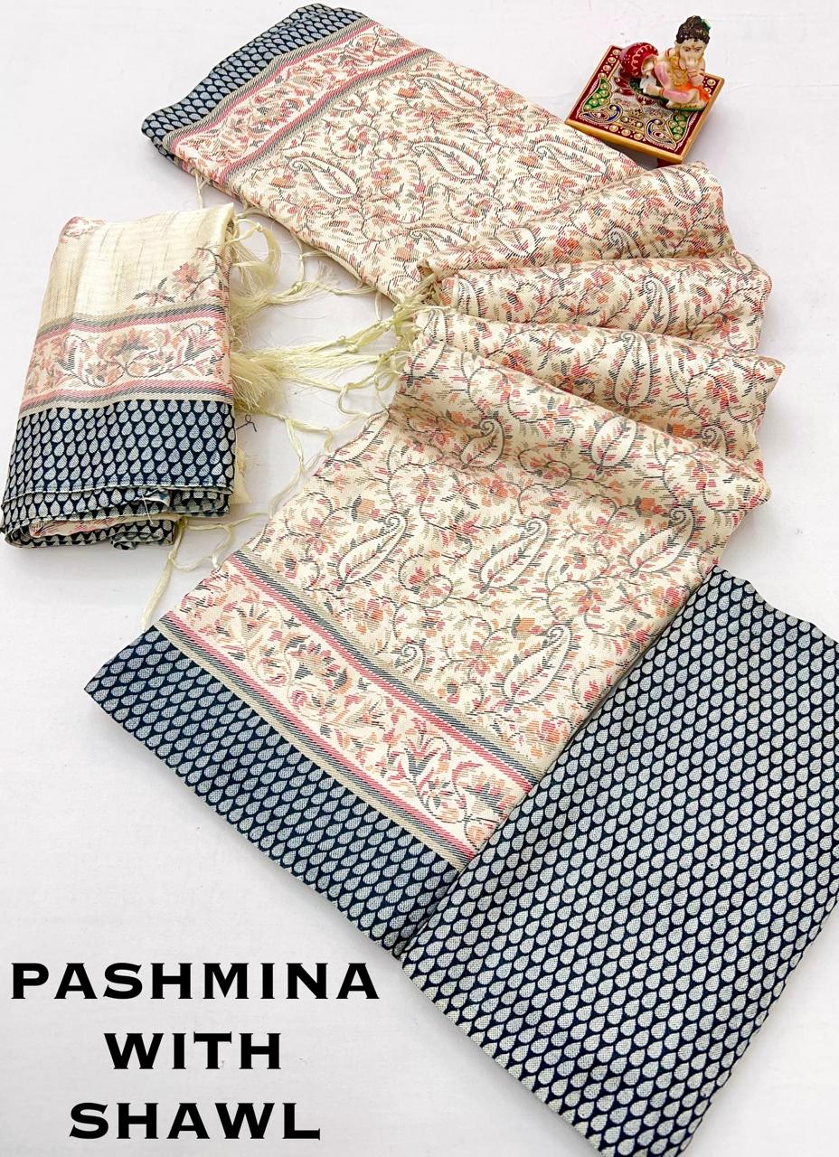 Designer Cream Pastel Saree with Shawl & Blouse