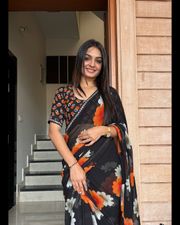 Designer Black Floral Saree With Sparkle Border Work - Black