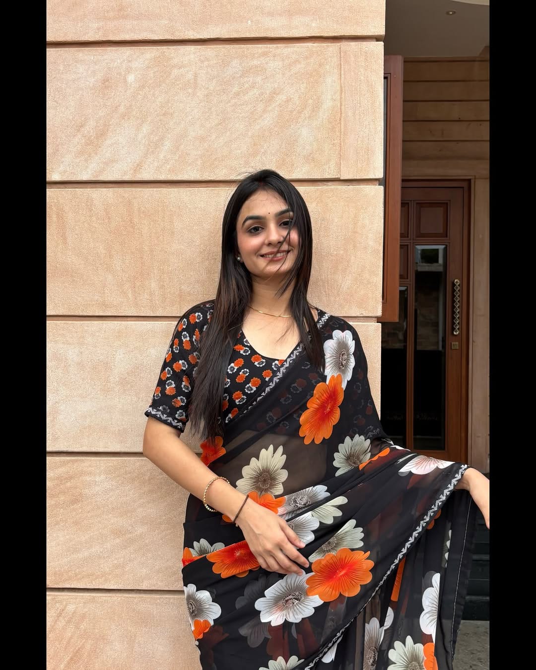 Designer Black Floral Saree With Sparkle Border Work