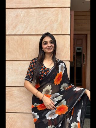 Designer Black Floral Saree with Sparkle Border Work