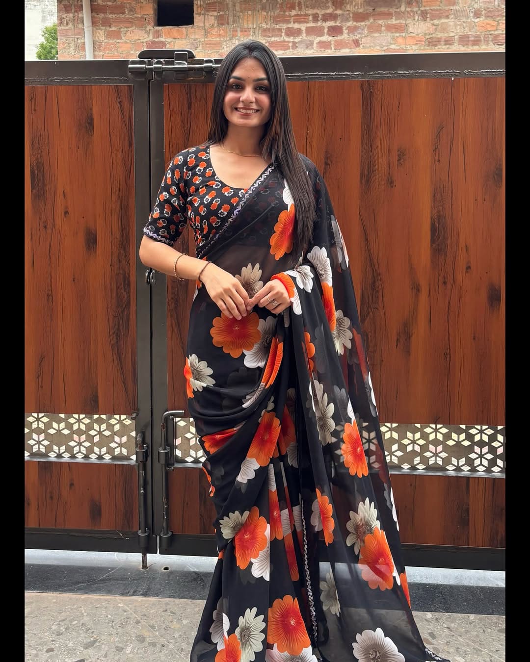 Designer Black Floral Saree With Sparkle Border Work