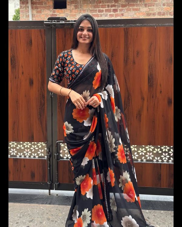 Designer Black Floral Saree With Sparkle Border Work