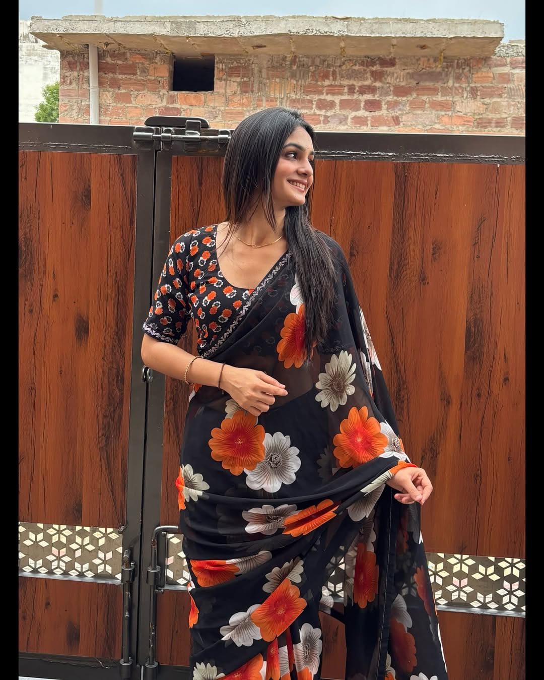 Designer Black Floral Saree With Sparkle Border Work