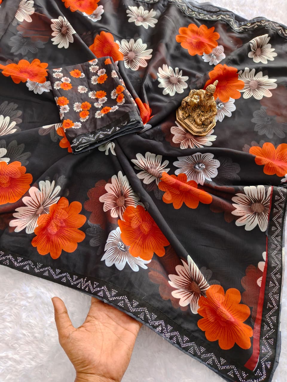 Designer Black Floral Saree With Sparkle Border Work