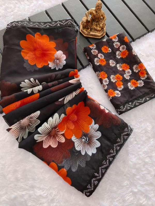 Designer Black Floral Saree With Sparkle Border Work