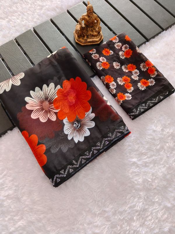 Designer Black Floral Saree With Sparkle Border Work