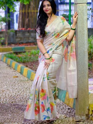 Soft Tussar Silk Floral Saree For Festive Wear