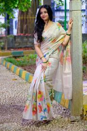 Soft Tussar Silk Floral Saree For Festive Wear - Cream