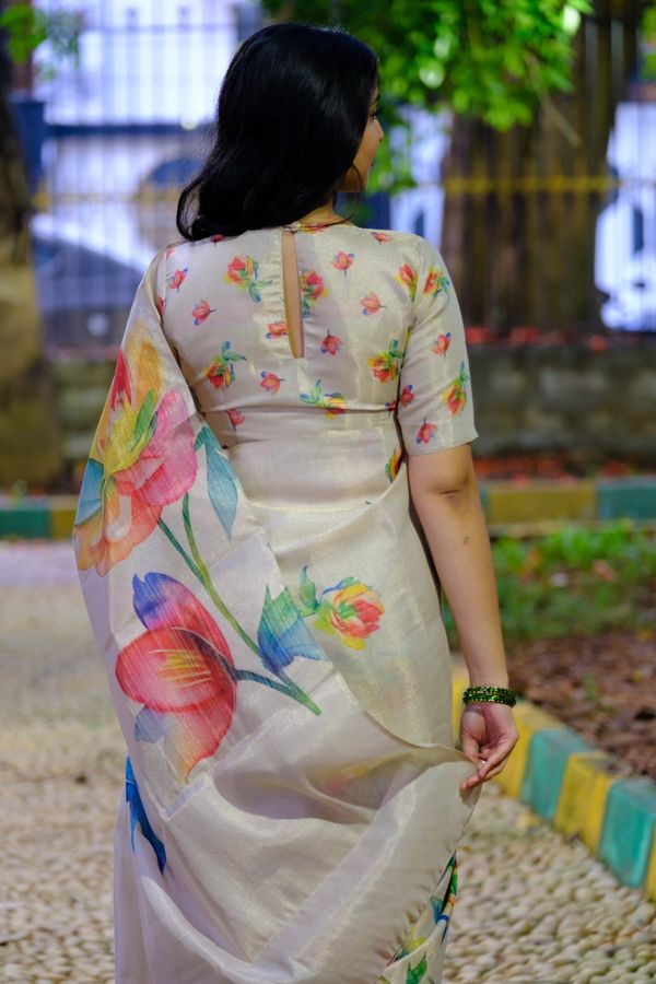 Soft Tussar Silk Floral Saree For Festive Wear