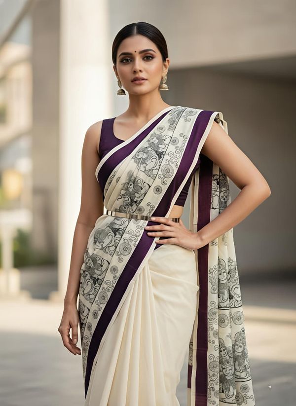 Cream Linen Mosaic Print Saree With Designer Pallu