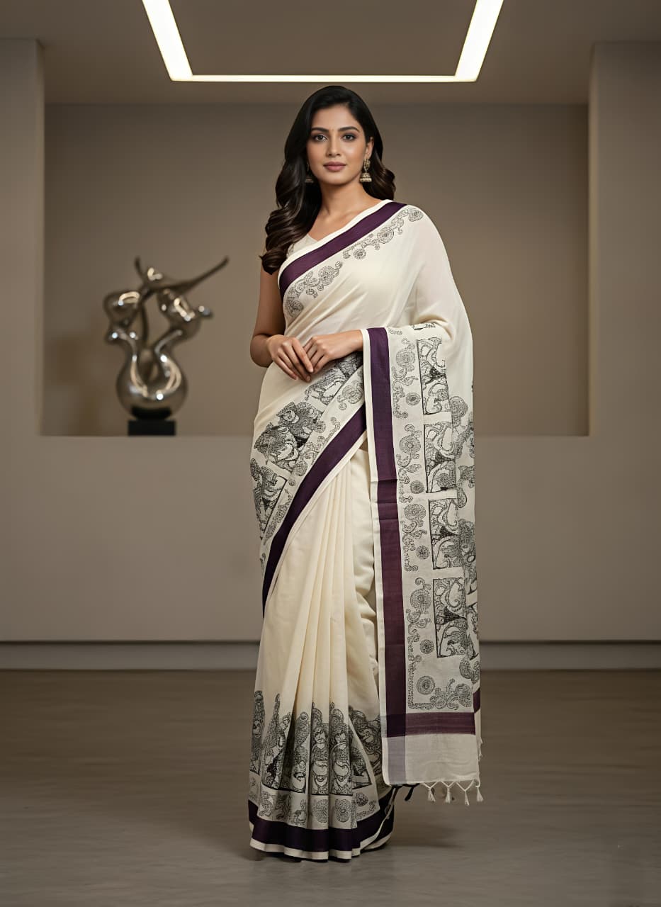 Cream Linen Mosaic Print Saree With Designer Pallu