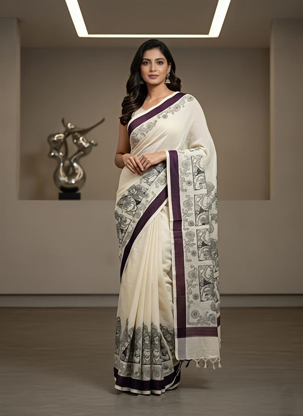 Cream Linen Mosaic Print Saree With Designer Pallu