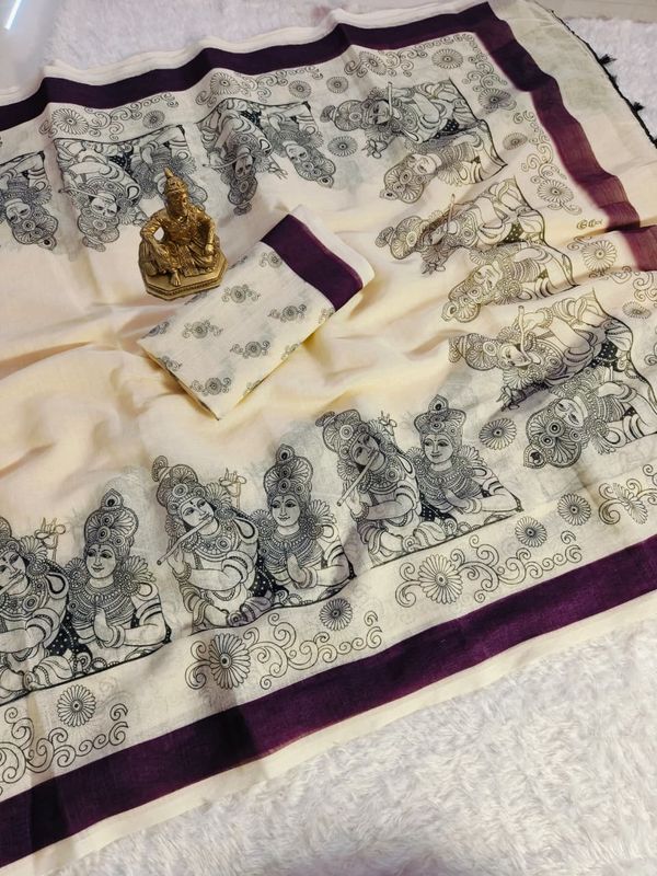 Cream Linen Mosaic Print Saree With Designer Pallu