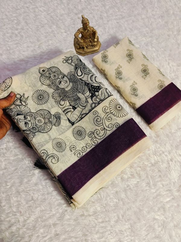 Cream Linen Mosaic Print Saree With Designer Pallu