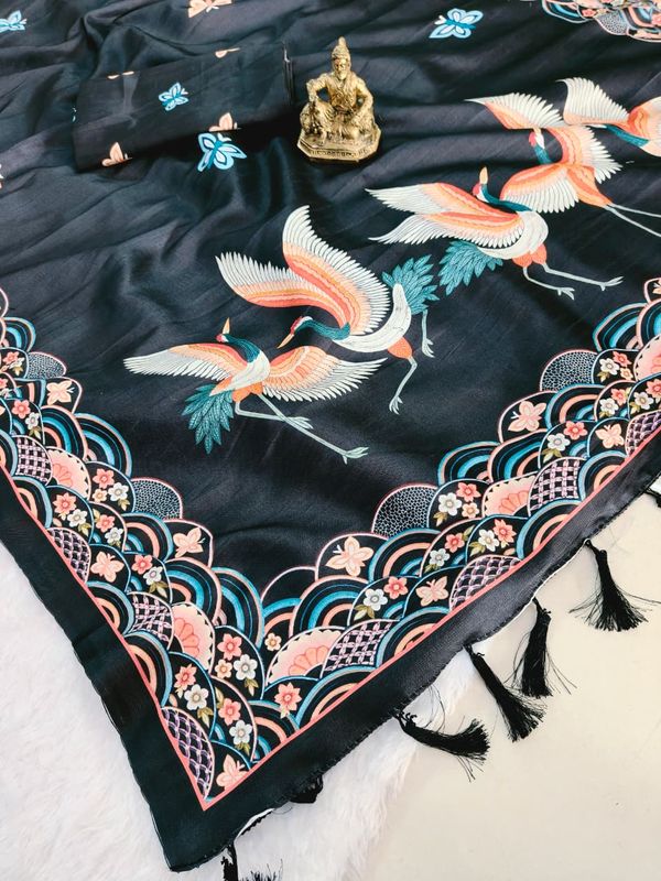 Black Hans Chitrakala Printed Tussar Silk Saree