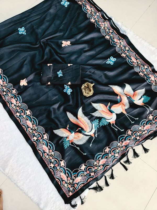 Black Hans Chitrakala Printed Tussar Silk Saree