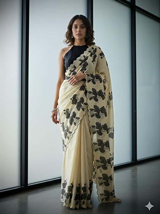 Premium Chikoo Floral Tussar Silk Ethnic Wear Saree