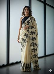 Premium Chikoo Floral Tussar Silk Ethnic Wear Saree - Black