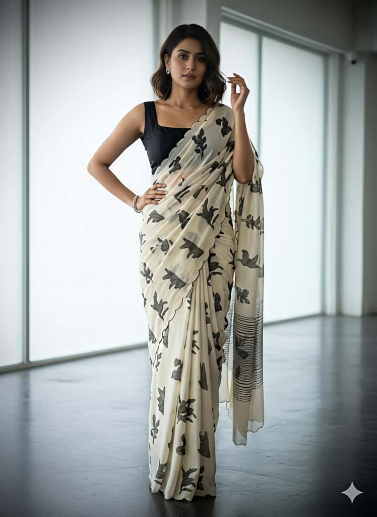 Premium Chikoo Floral Tussar Silk Ethnic Wear Saree