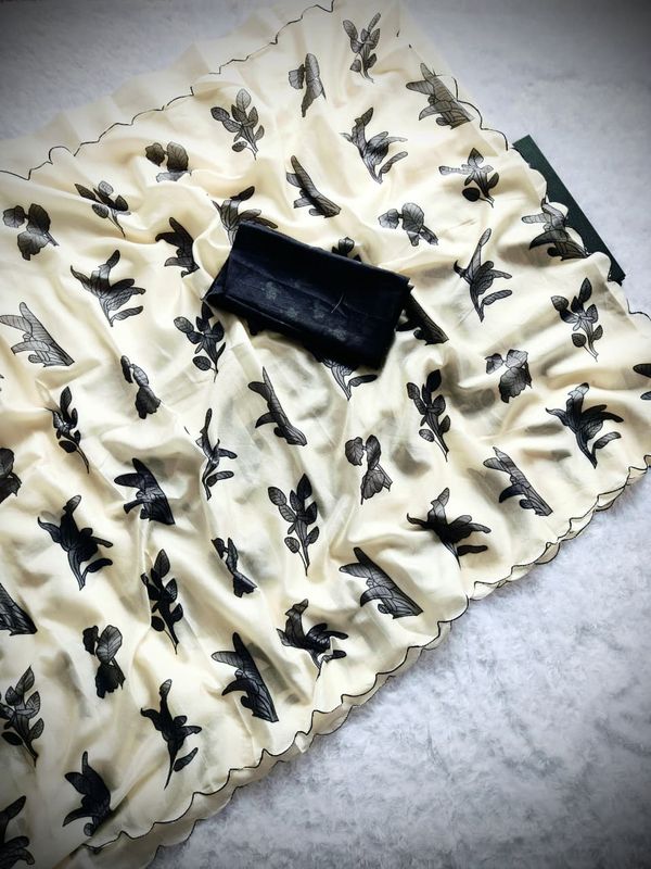 Premium Chikoo Floral Tussar Silk Ethnic Wear Saree