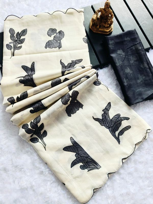 Premium Chikoo Floral Tussar Silk Ethnic Wear Saree