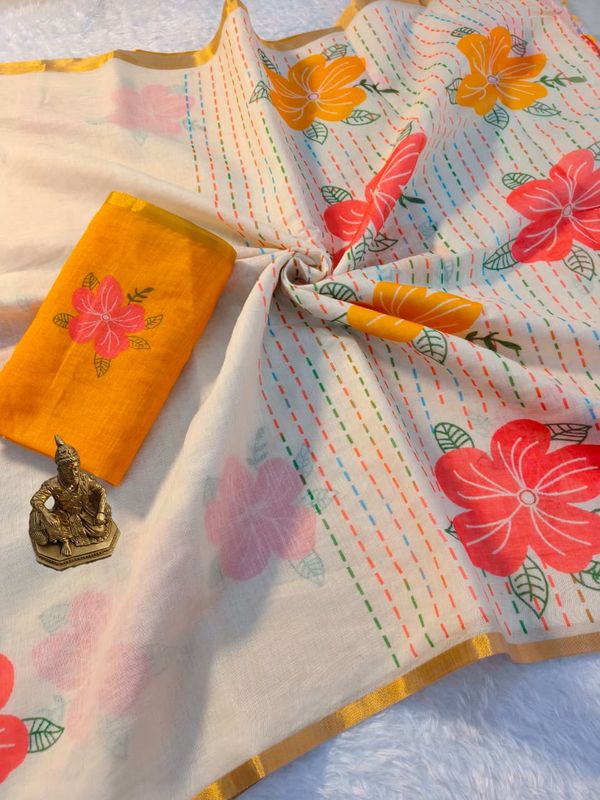 Chikoo Floral Linen Digital Print Saree with Blouse