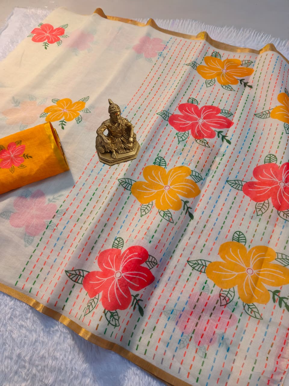 Chikoo Floral Linen Digital Print Saree with Blouse