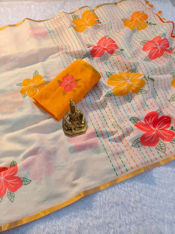 Chikoo Floral Linen Digital Print Saree with Blouse