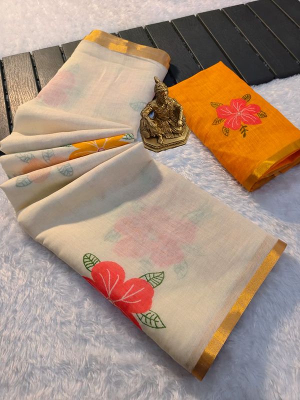 Chikoo Floral Linen Digital Print Saree with Blouse