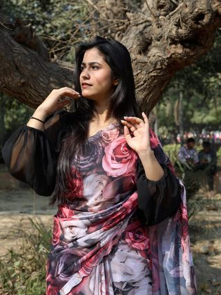 Black Rose Print Georgette Saree with Stone Work