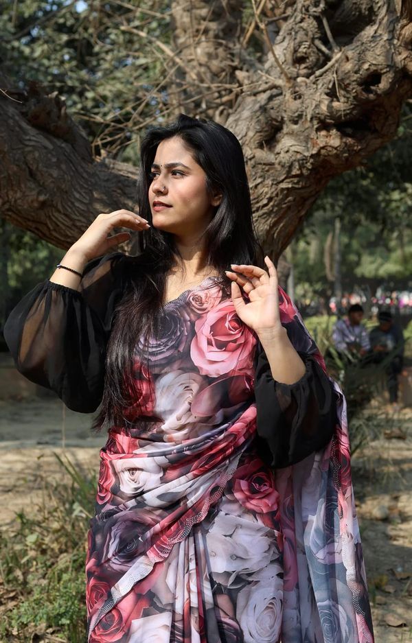 Black Rose Print Georgette Saree with Stone Work
