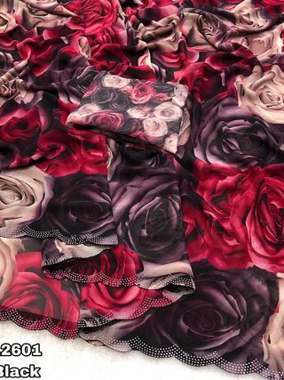 Black Rose Print Georgette Saree with Stone Work
