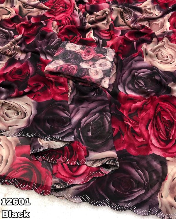 Black Rose Print Georgette Saree with Stone Work