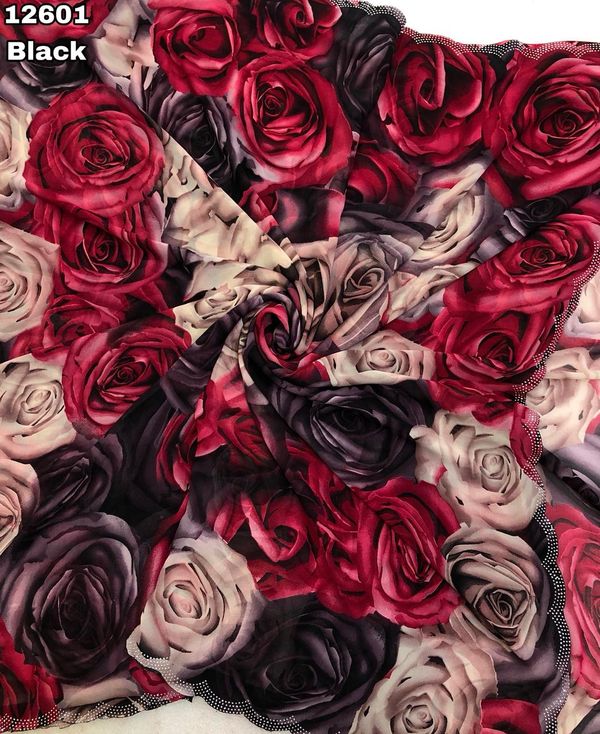 Black Rose Print Georgette Saree with Stone Work