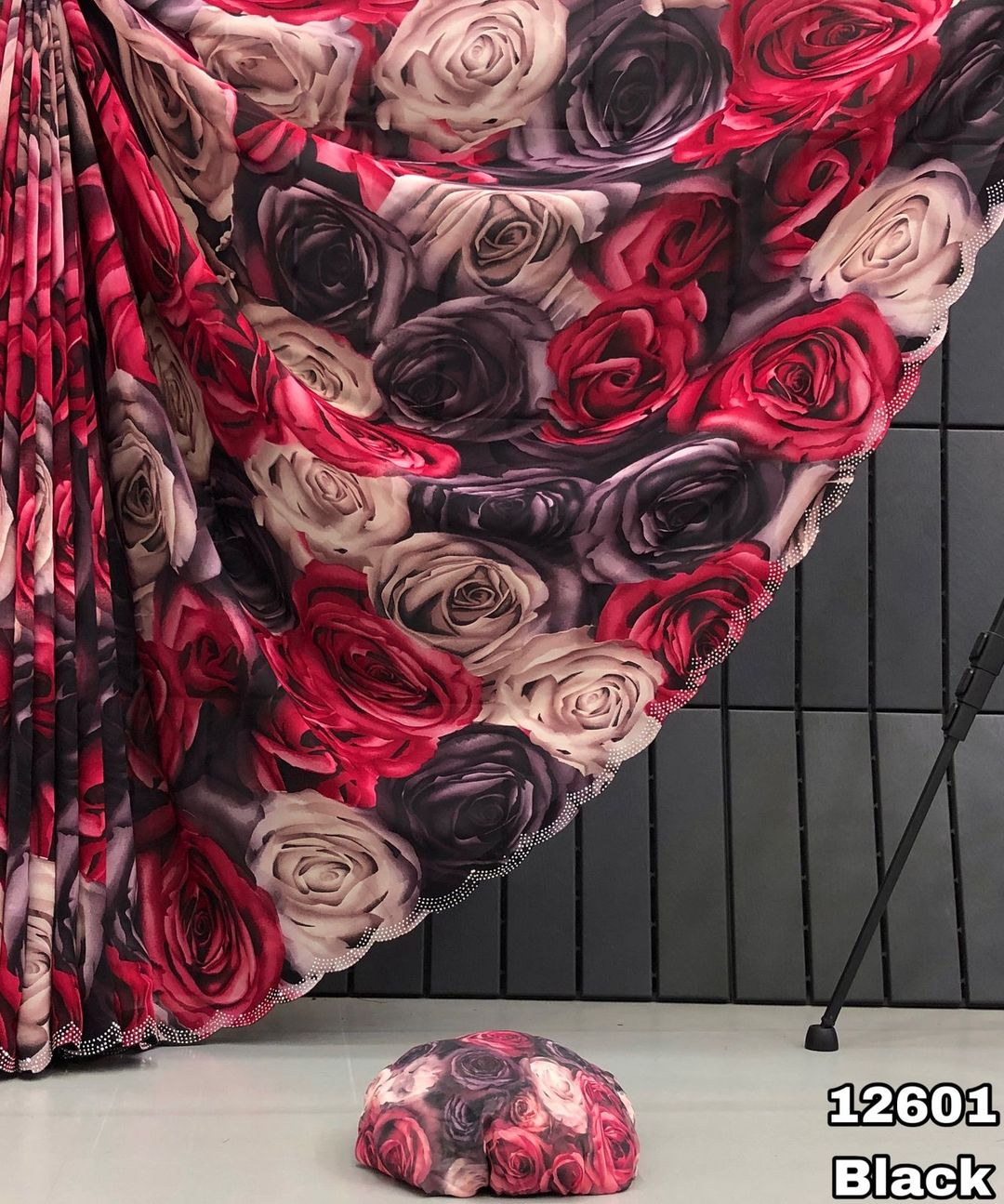 Black Rose Print Georgette Saree with Stone Work