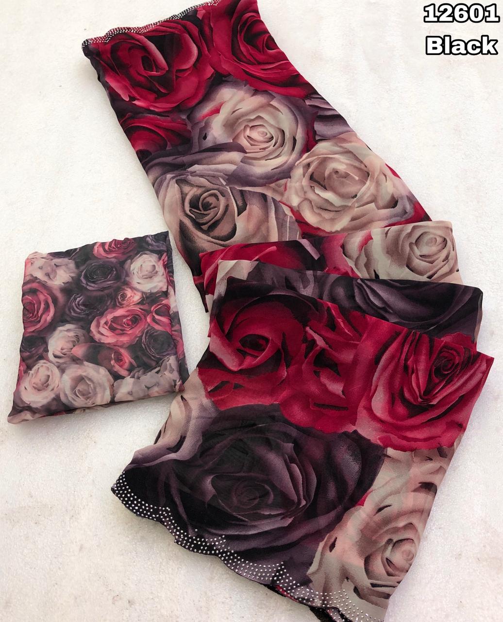 Black Rose Print Georgette Saree with Stone Work