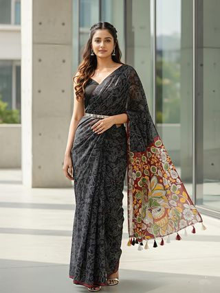 Black Kalamkari Mirror Work Linen Saree with Ethnic Digital Print