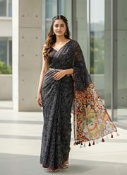 Black Kalamkari Mirror Work Linen Saree with Ethnic Digital Print - Black
