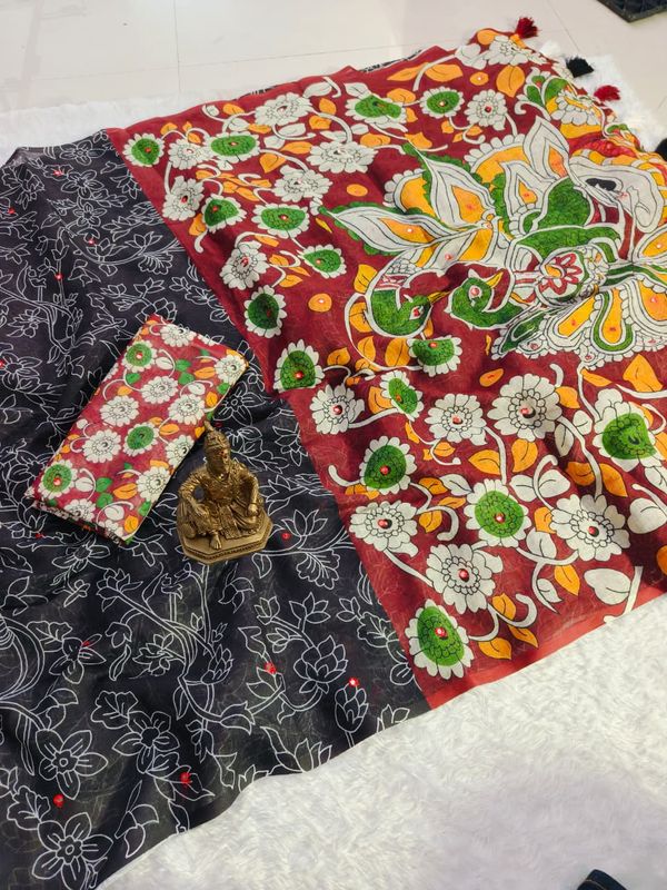 Black Kalamkari Mirror Work Linen Saree with Ethnic Digital Print
