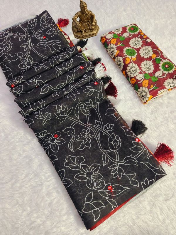 Black Kalamkari Mirror Work Linen Saree with Ethnic Digital Print