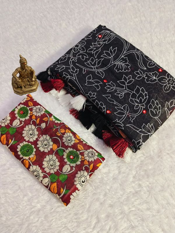 Black Kalamkari Mirror Work Linen Saree with Ethnic Digital Print