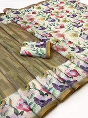Floral Linen Digital Print Saree with Gold Border - Cream