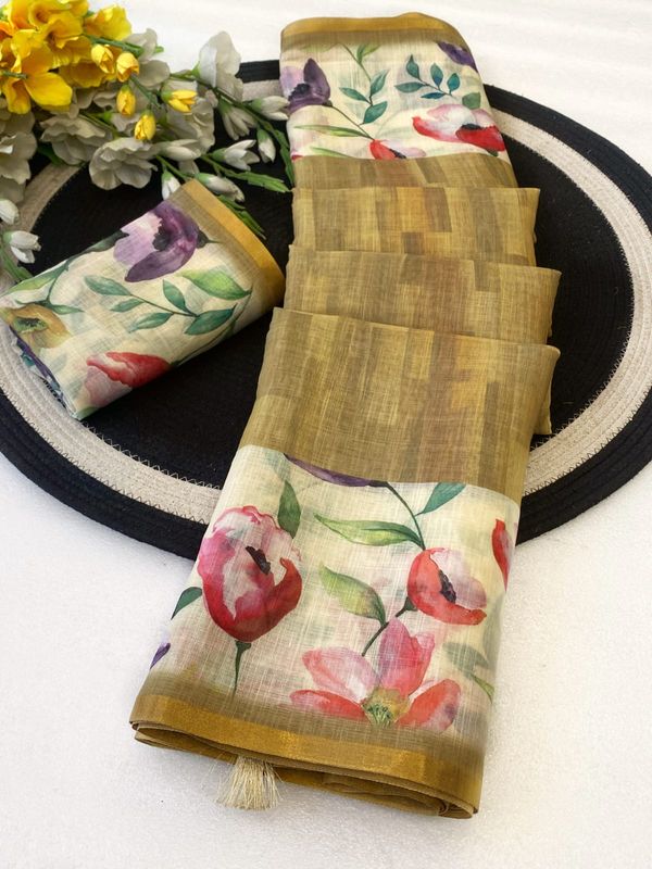 Floral Linen Digital Print Saree with Gold Border