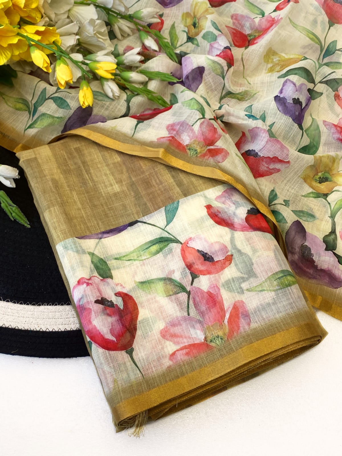 Floral Linen Digital Print Saree with Gold Border