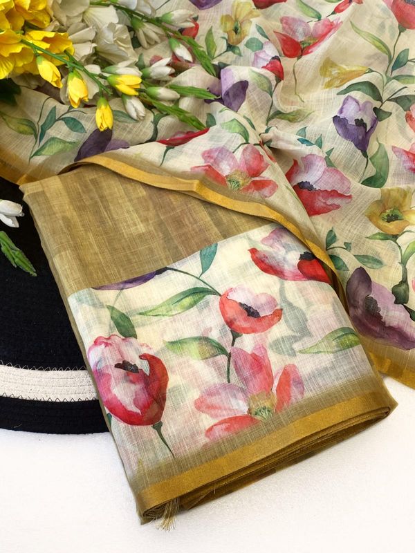 Floral Linen Digital Print Saree with Gold Border
