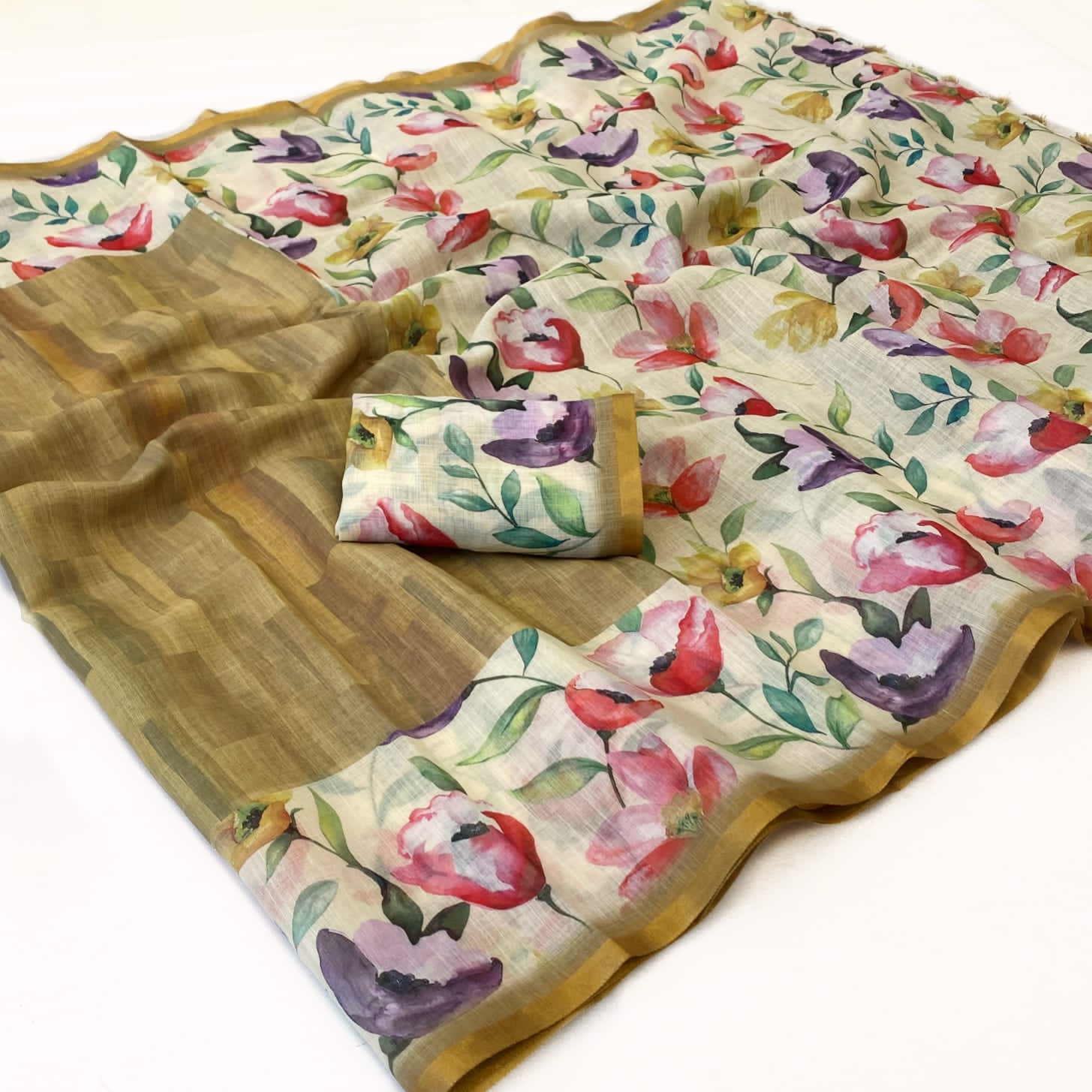 Floral Linen Digital Print Saree with Gold Border